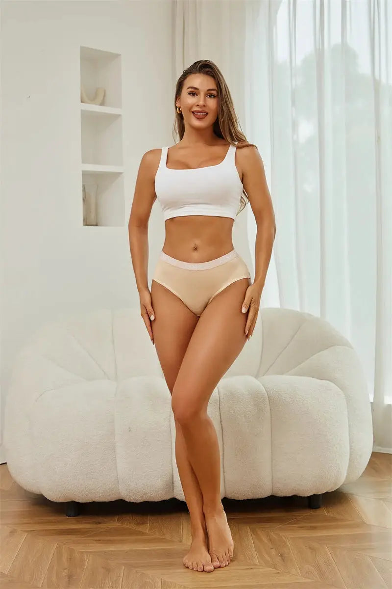 Simples Market women's cotton briefs beige, breathable panties on model