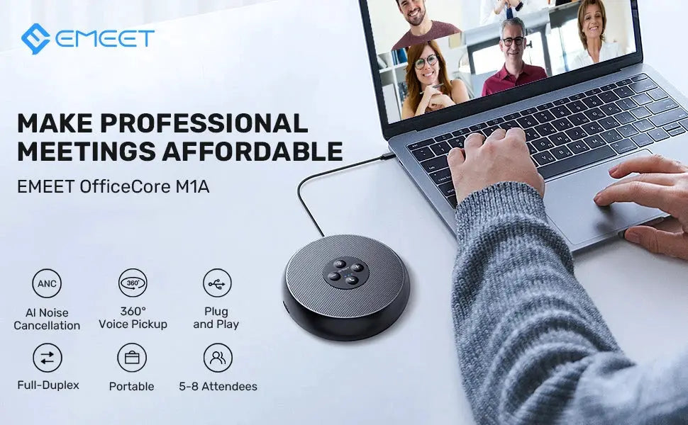 EMEET USB wired conference speakerphone with 2 mics, black base and silver top, 360° voice pickup beside a laptop