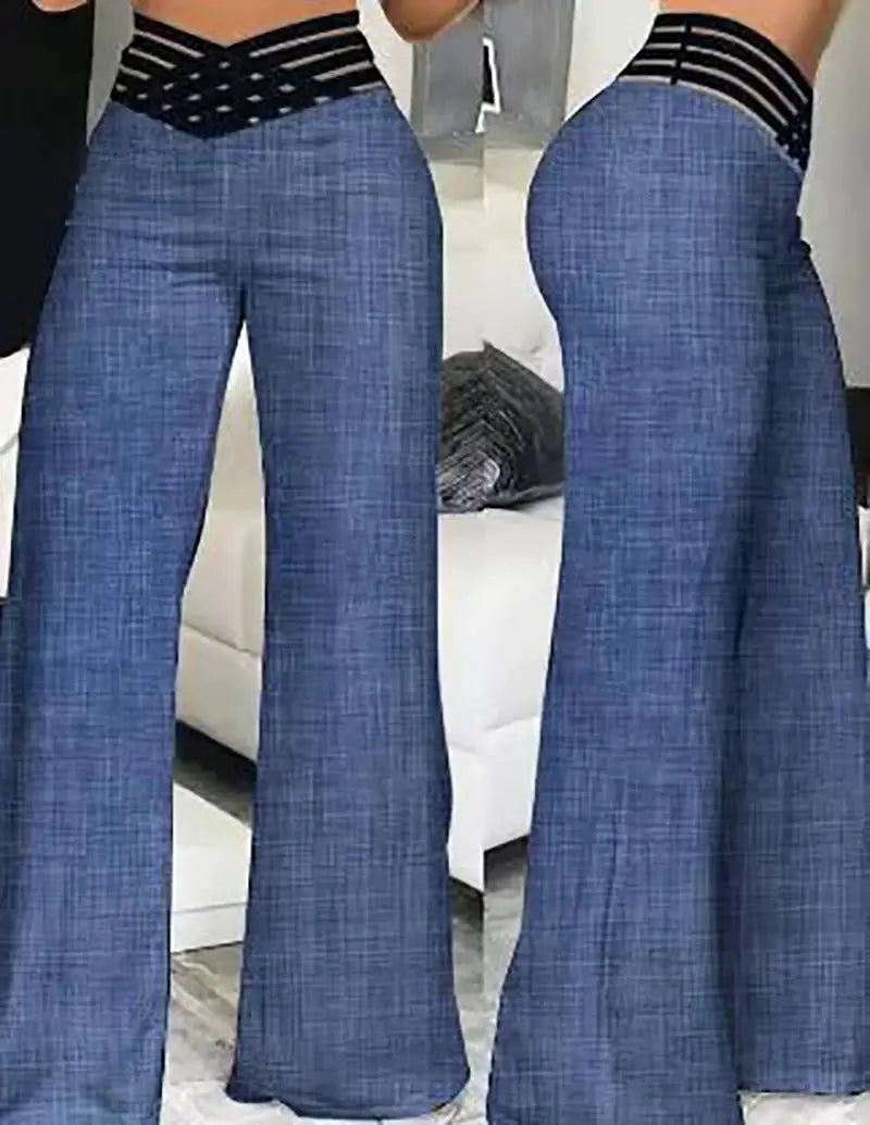 Women High Waist Flared Pants Wide Leg Trousers For Office Lady And Casual Wear Spring Summer Solid Crisscross Mesh Patch