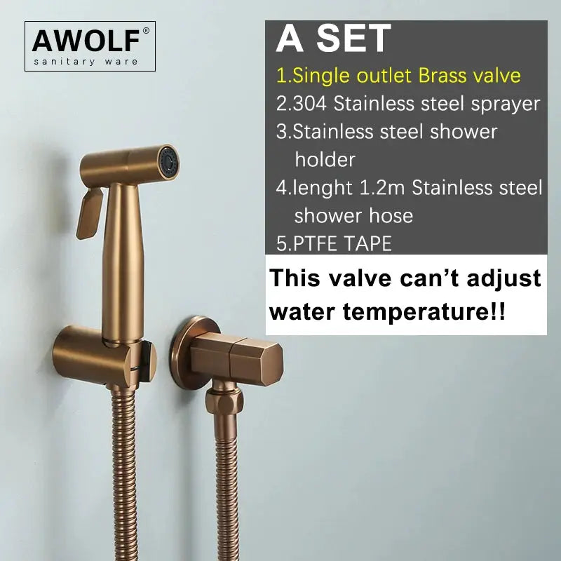 Handheld toilet bidet sprayer set in brushed rose-gold stainless steel with hose and wall mount by AWOLF