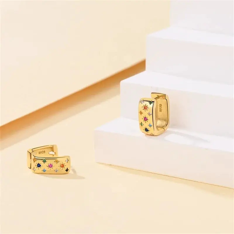 Classic gold-tone hoop earrings with multicolor stones, S925 stamped, two-piece set