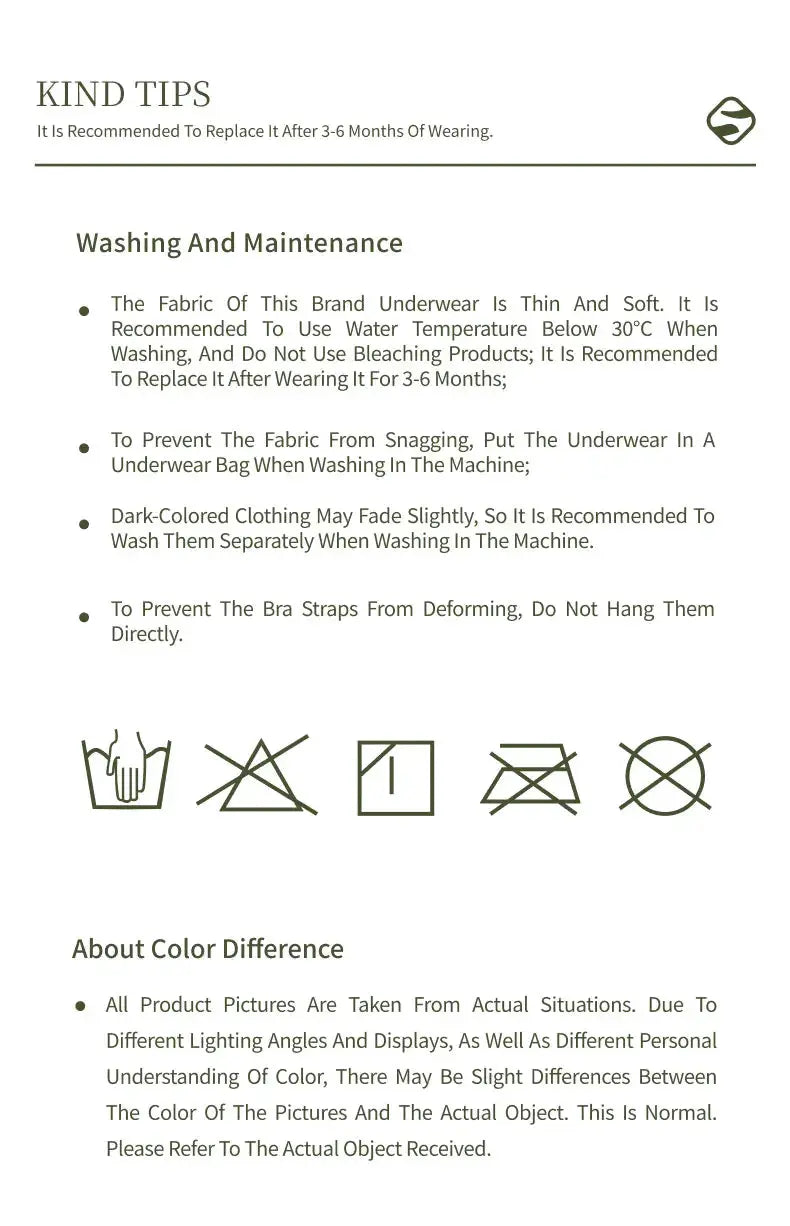 SUJIIN bra care guide by Simples Market: washing tips, maintenance icons, color difference note