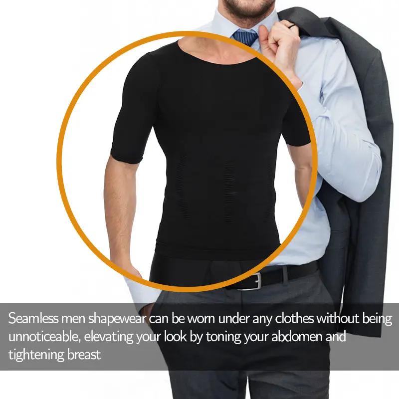 Men's black seamless compression undershirt body shaper with short sleeves for torso slimming