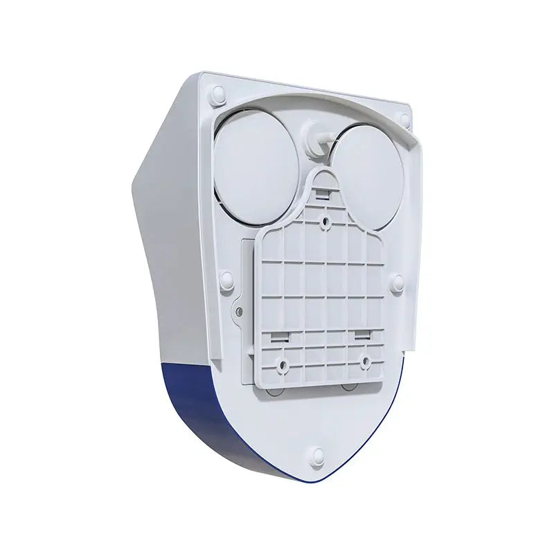 Simples Market outdoor siren alarm, white housing with blue base and twin round speaker covers.