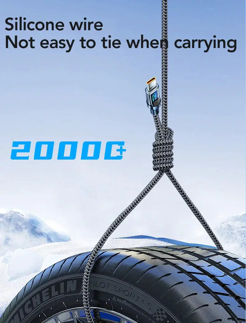 OOZCC LCD watt-display USB-C to Lightning charging cable, 120W max, black braided silicone-coated