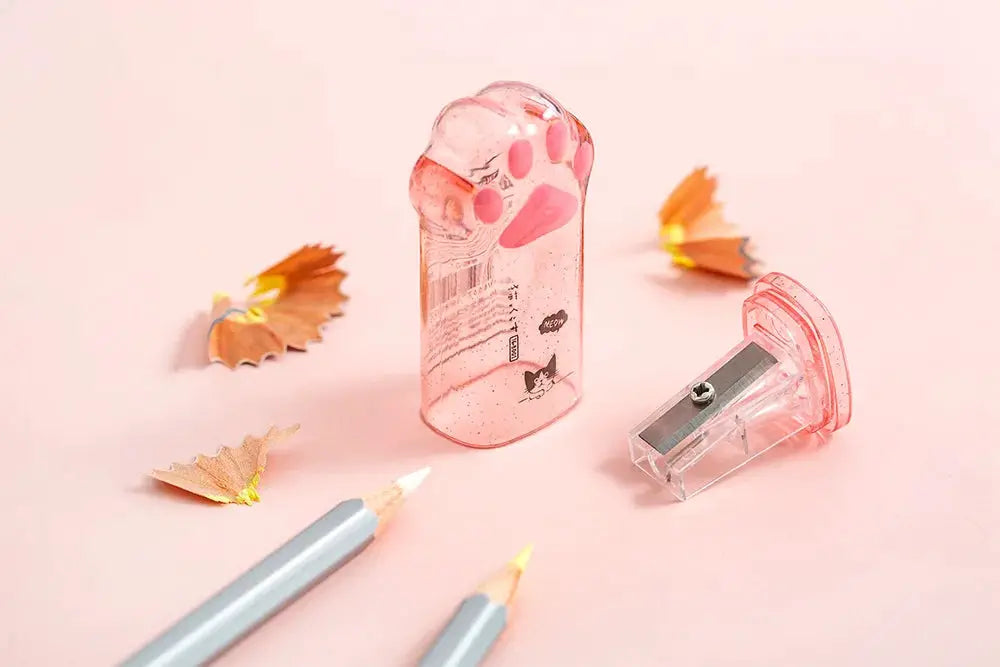 Kawaii cat-paw pencil sharpener set, pink translucent case with blade sharpener, includes two pencils, Simples Market