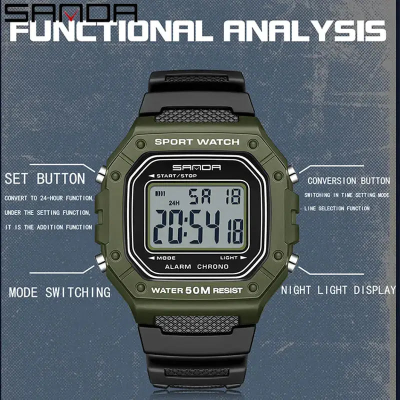 SANDA 2156 Military Style Digital Mens Watch With Large Dial Water Resistant LED Stopwatch