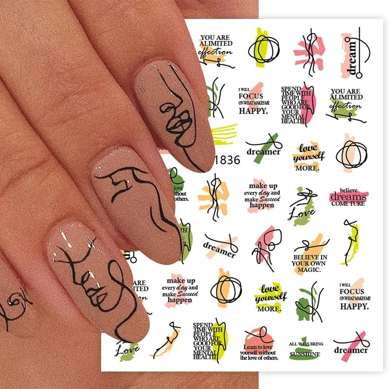 Nail art decals sheet by Simples Market; 1 sheet of colorful geometric line and floral designs for nails