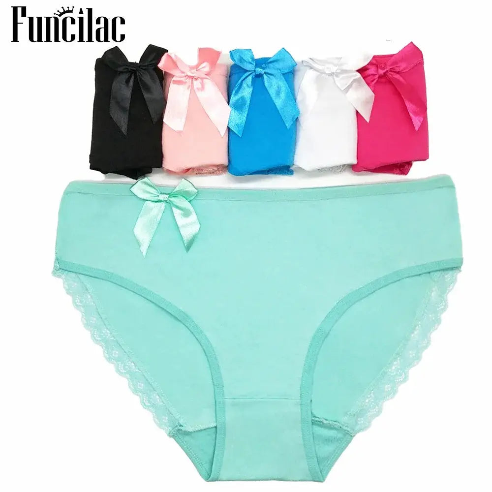 Women's cotton briefs six-pack set; mint green mid-rise with lace trim and bow, Simples Market