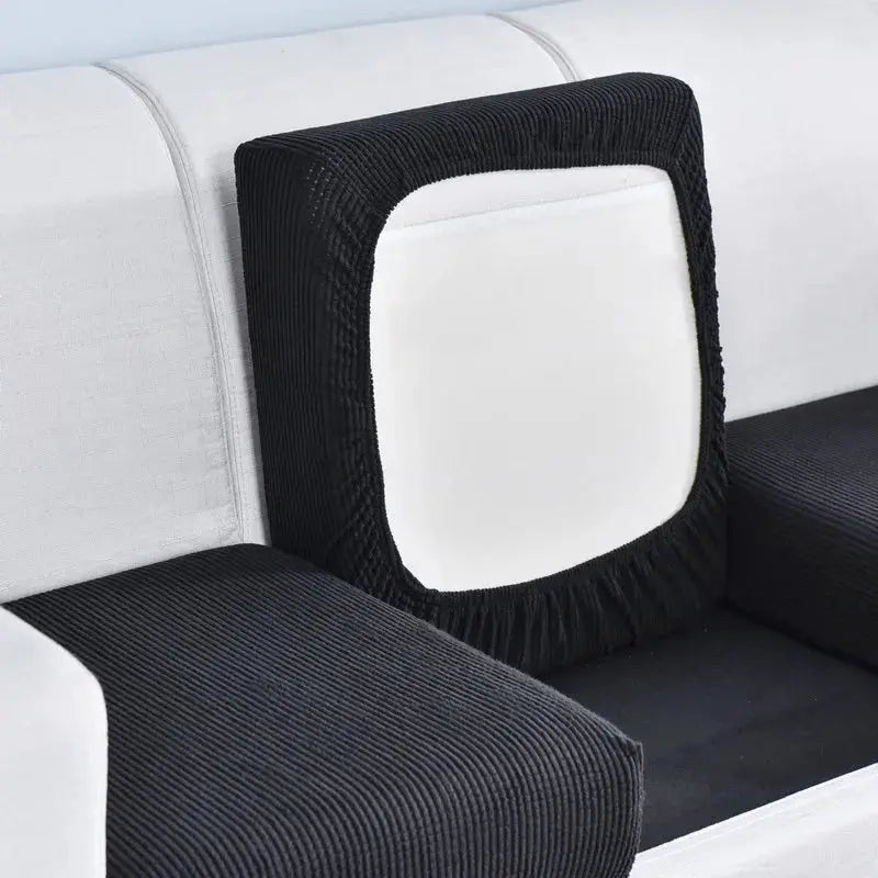 Polar fleece sofa seat cushion cover with elastic edges; black, for living room furniture protection