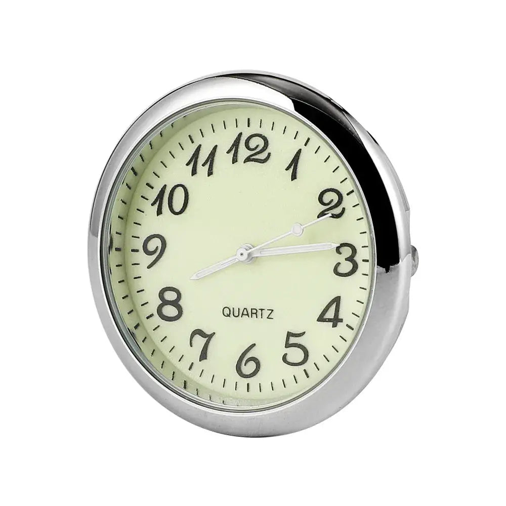 Car clock with round chrome case, luminous cream dial, black numerals, analog quartz 40mm/43mm