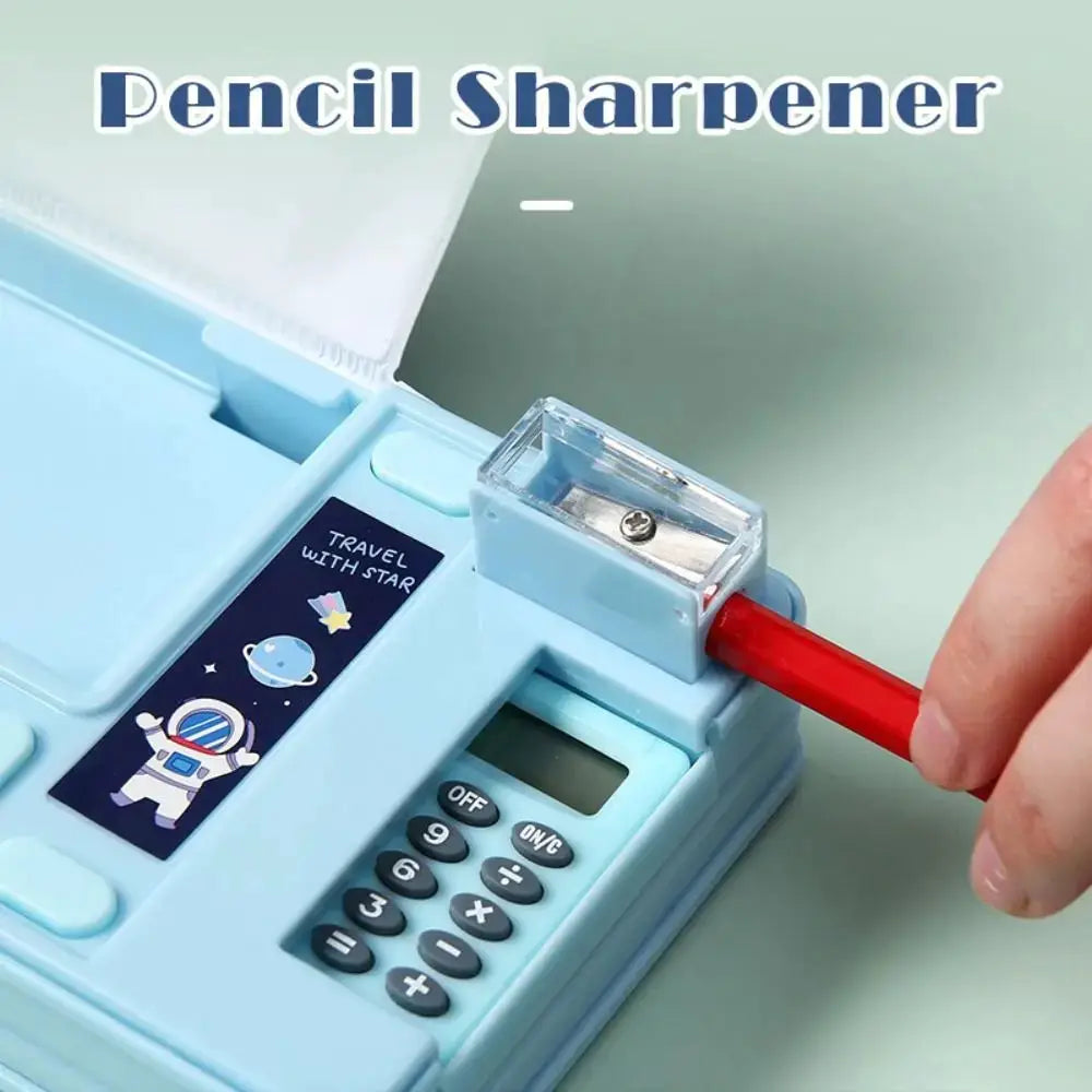 Simples Market plastic light-blue pencil case with built-in calculator and pencil sharpener; double-sided.