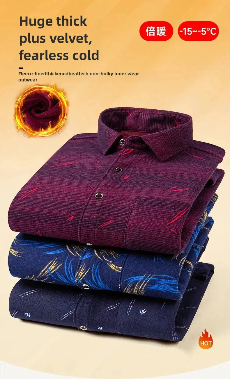 Men's fleece long-sleeve shirts 3-pack in burgundy, blue patterned, and navy — Simples Market