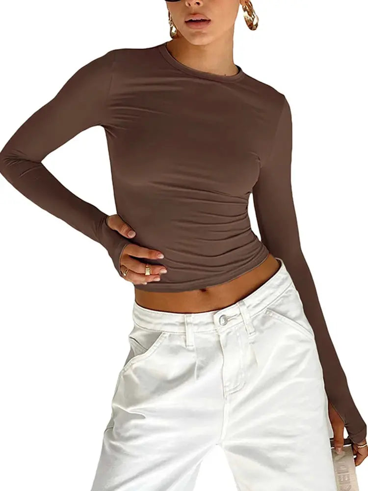 Womens Long Sleeve Crew Neck Crop Top With Thumb Holes Slim Fit Solid Color Streetwear For Daily Summer