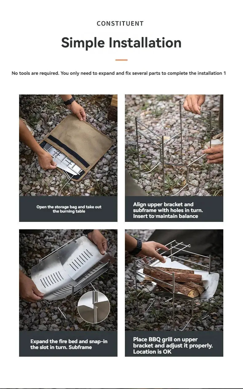 CAMPINGMOON SOLO-A4 stainless steel portable folding BBQ grill four-step assembly collage