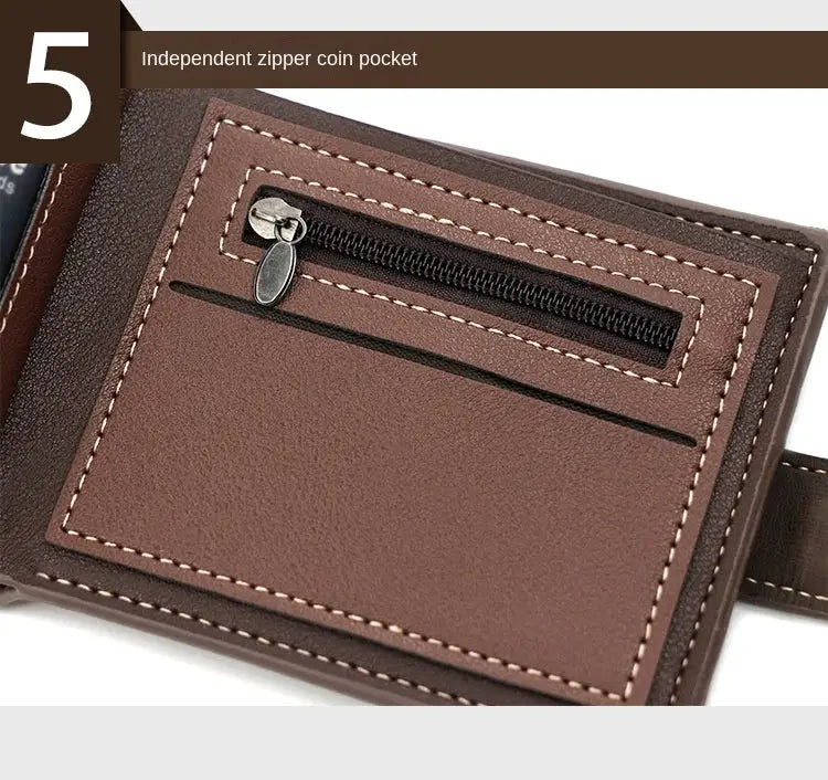 Simples Market men's PU leather wallet with zip coin pocket and card slots in brown