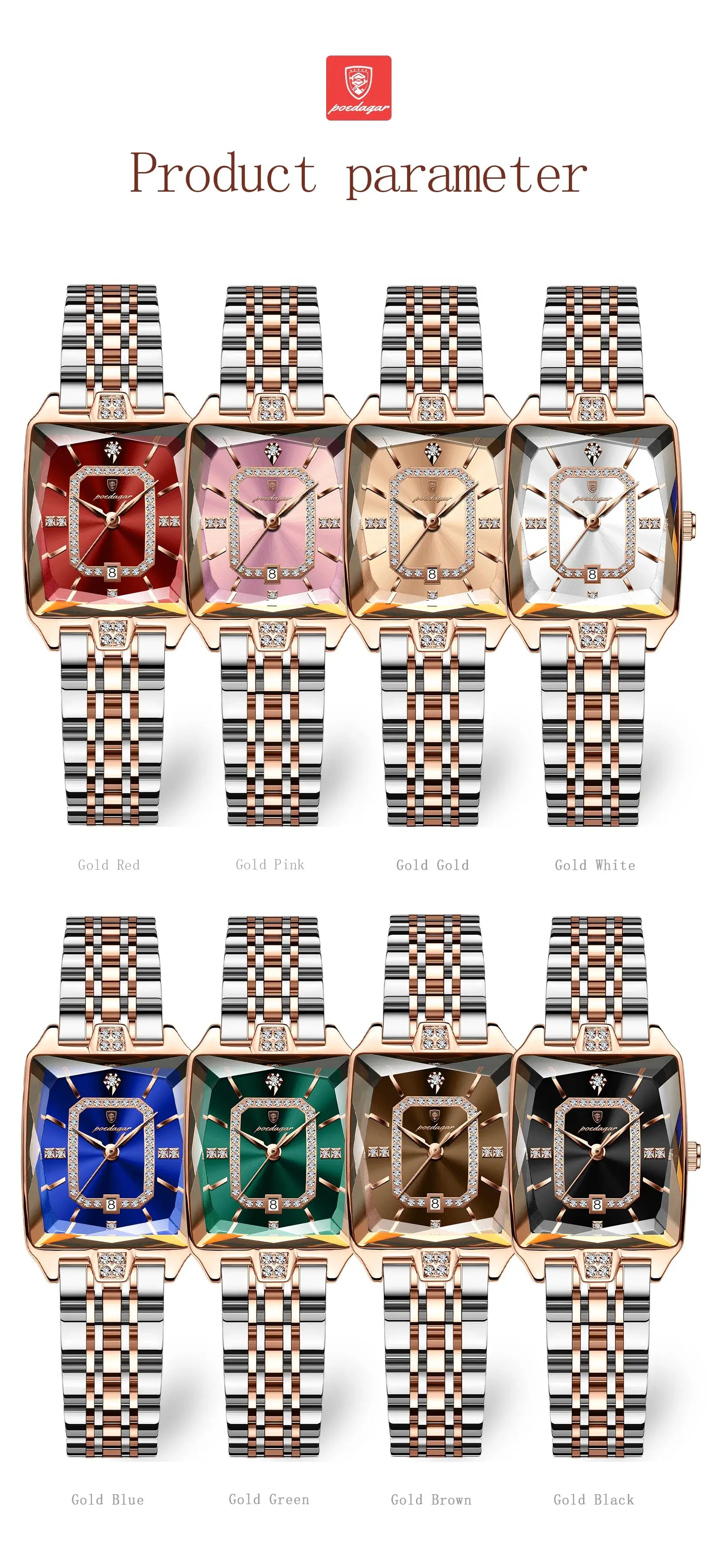 POEDAGAR women's luxury rectangle watches, stainless steel with rose-gold tone; 8 color variants with date window.