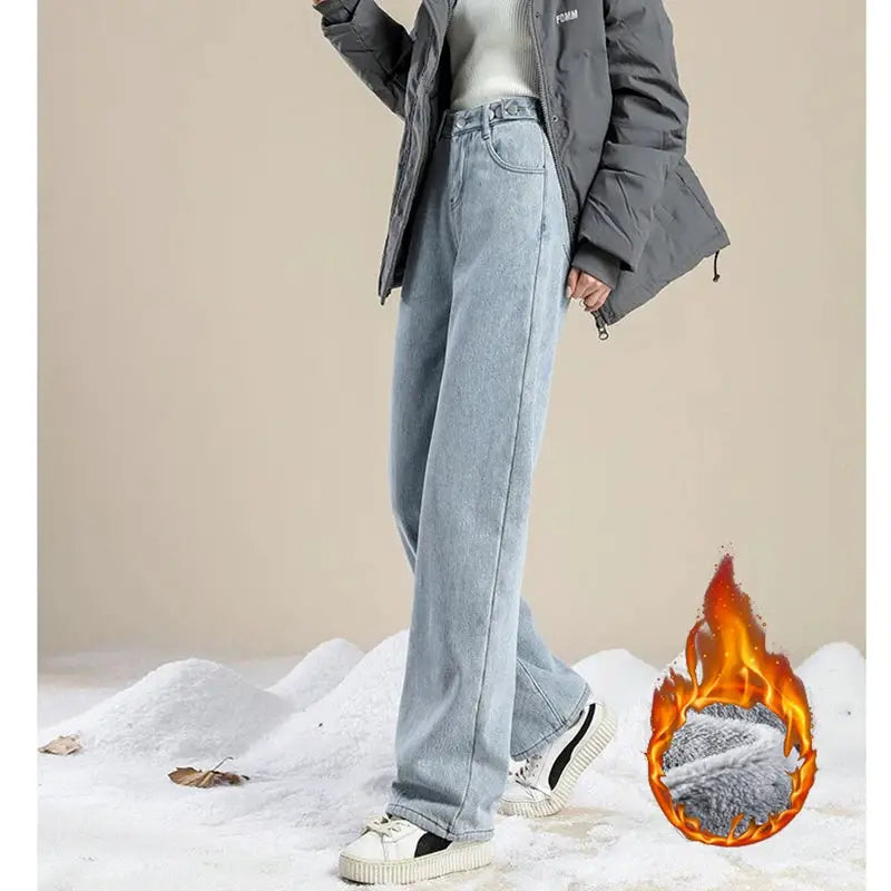 Winter Plush Thermal High Waist Jeans For Women Fleece Lined Pants