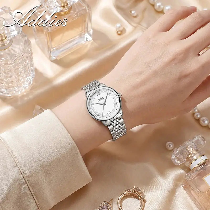 Adddies luxury women's GM12 watch on silver stainless steel bracelet with white dial