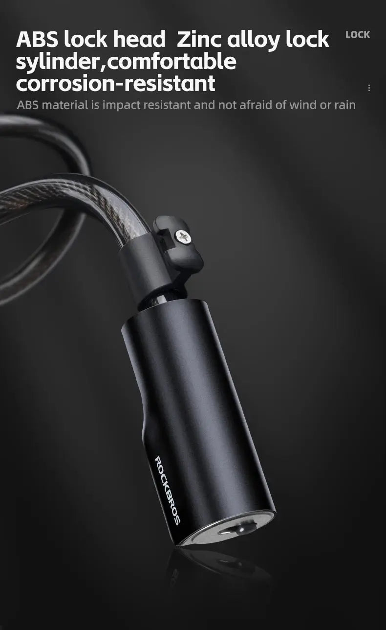 ROCKBROS bicycle lock with cable, black zinc-alloy body