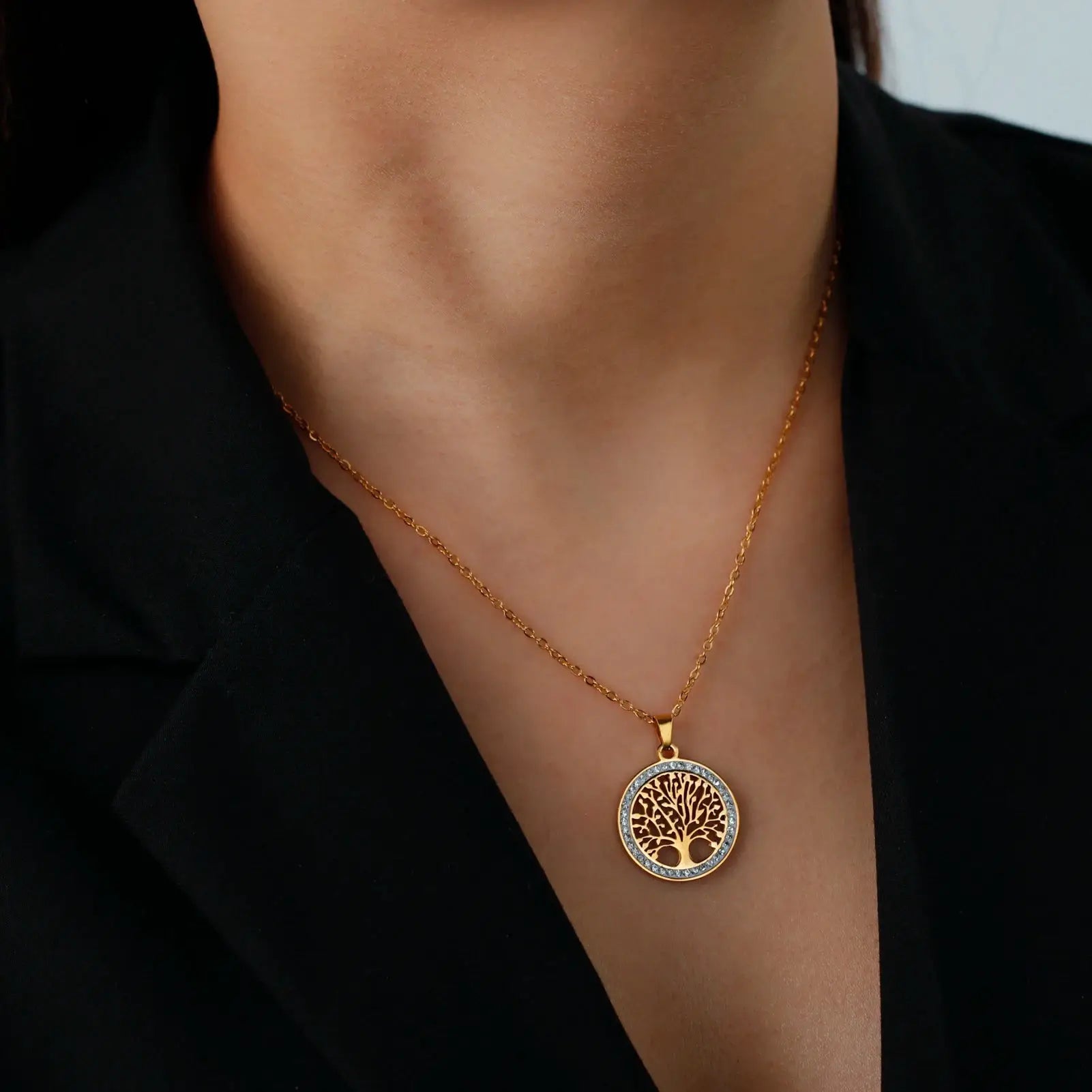Skyrim Tree Of Life Necklace For Women Stainless Steel Gold Color Clear Zircon Round Pendant Luxury Wedding Gift - Simples Market