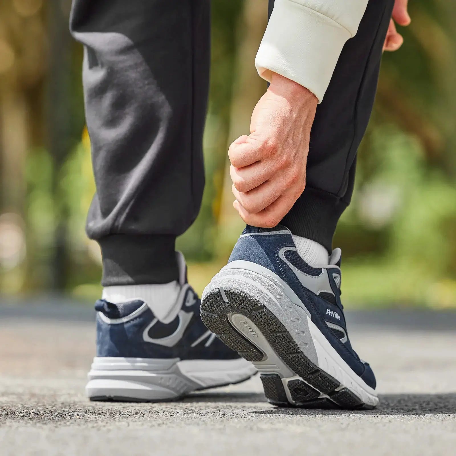 FitVille men's walking sneakers in navy and gray with wide width and arch support