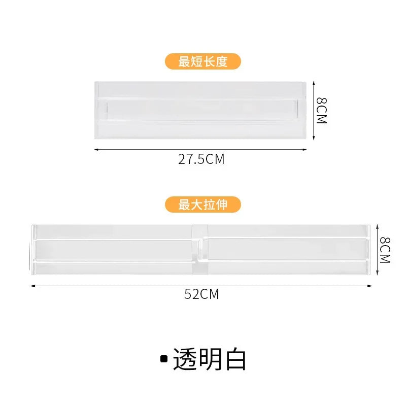 Drawer dividers by Simples Market; clear plastic expandable, 8 cm tall, 27.5–52 cm length