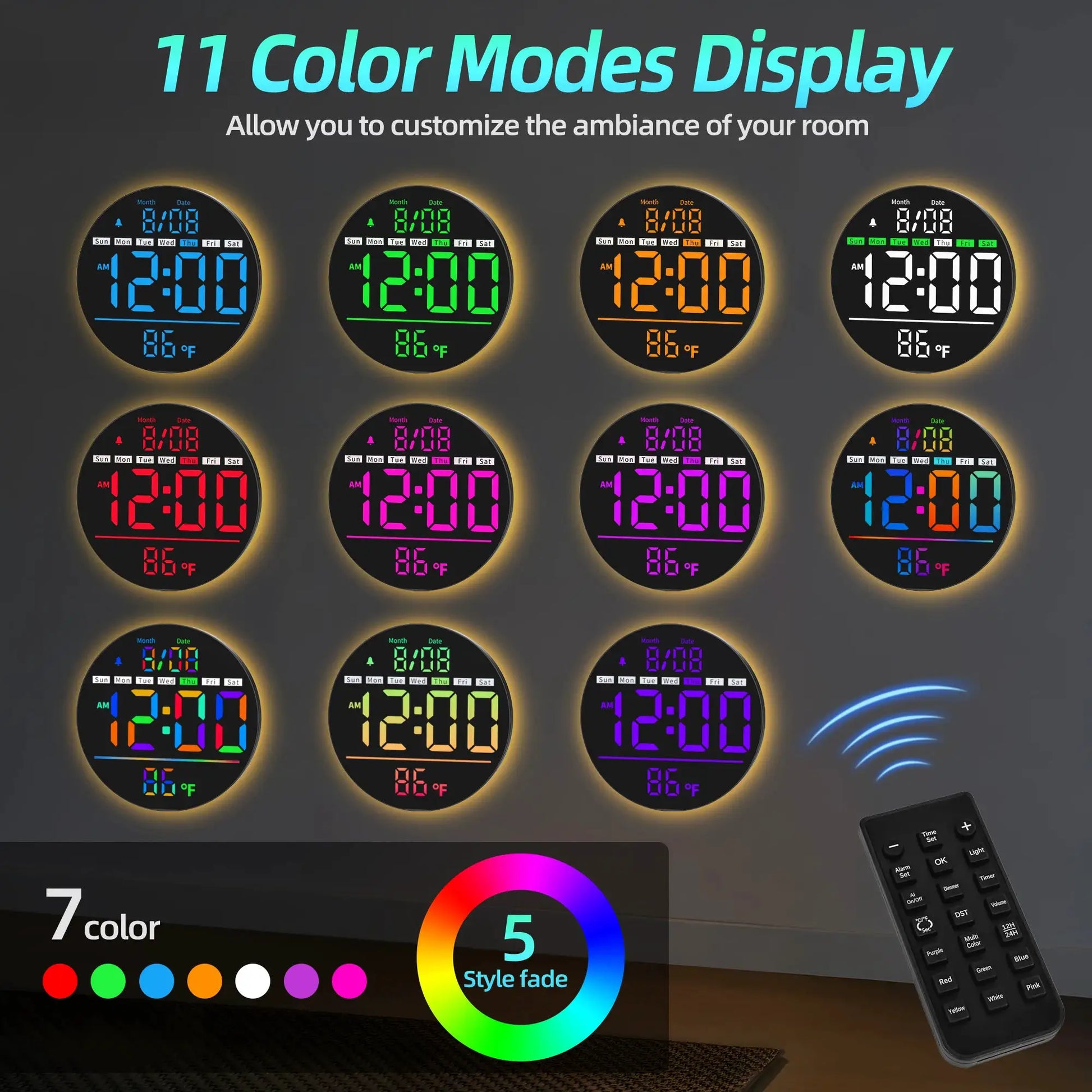 Simples Market 8-inch LED wall clock with timer, temperature, date, alarm, RGB color display
