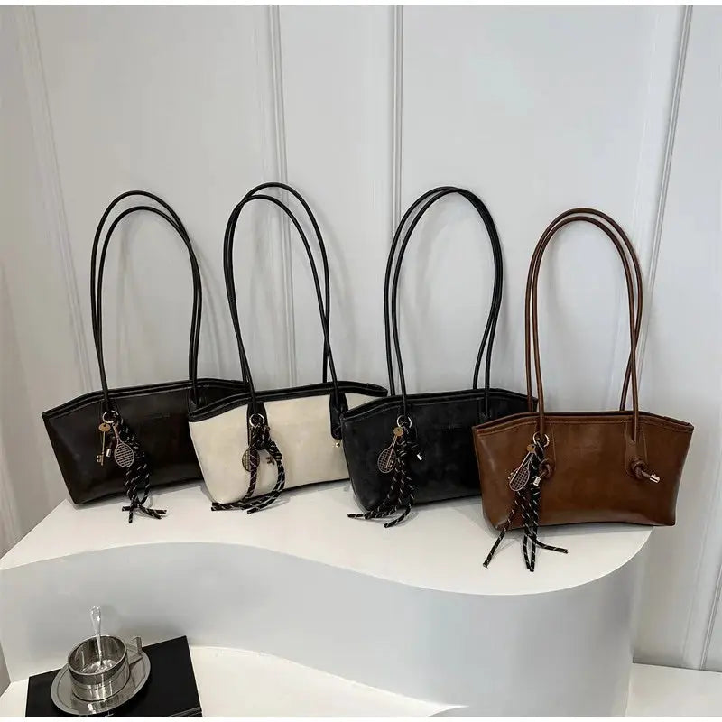 European American Retro Tote Bag by Simples Market; four large-capacity shoulder totes in black, beige, brown with tassel pendants