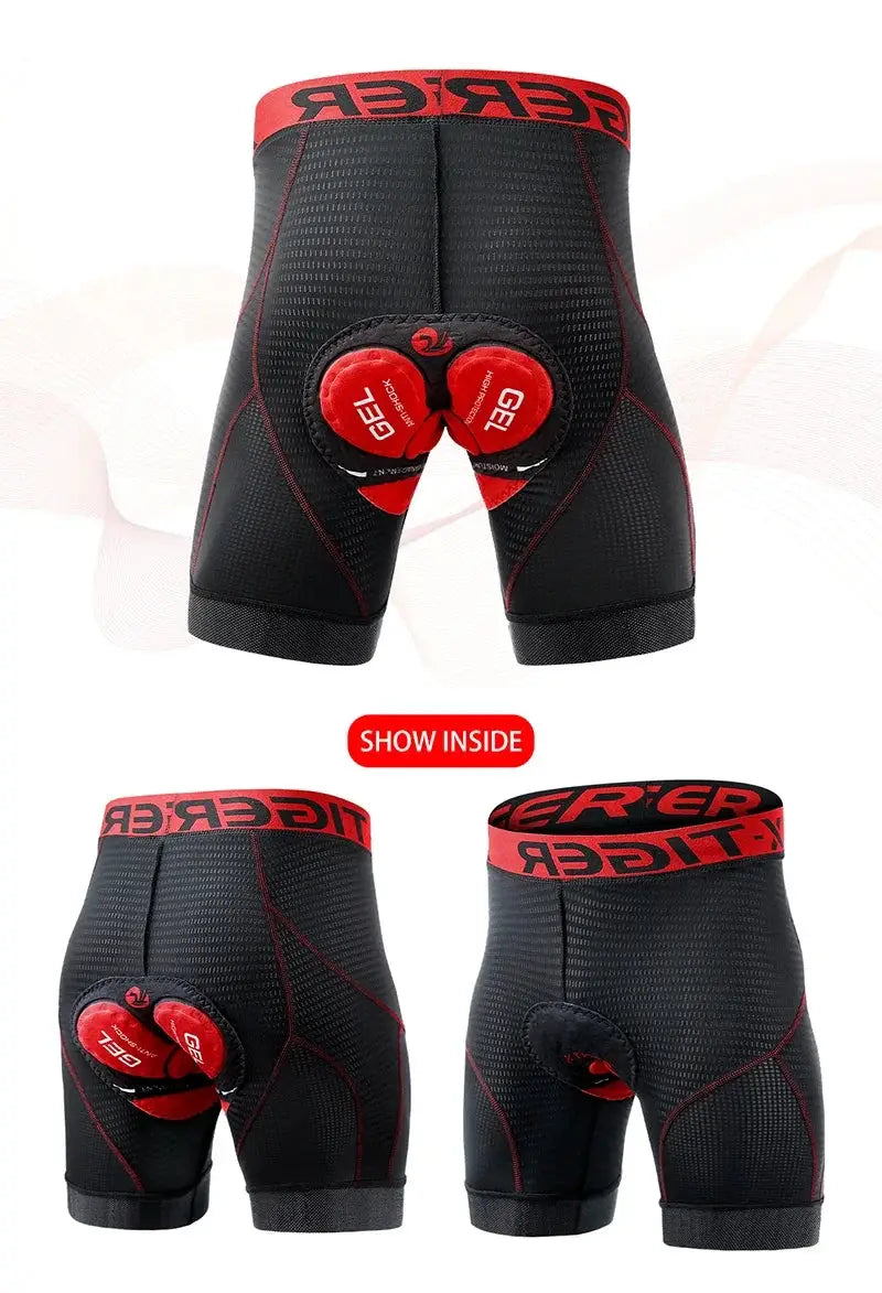X-TIGER cycling shorts with 5D padded liner, black with red stitching and anti-slip leg grips