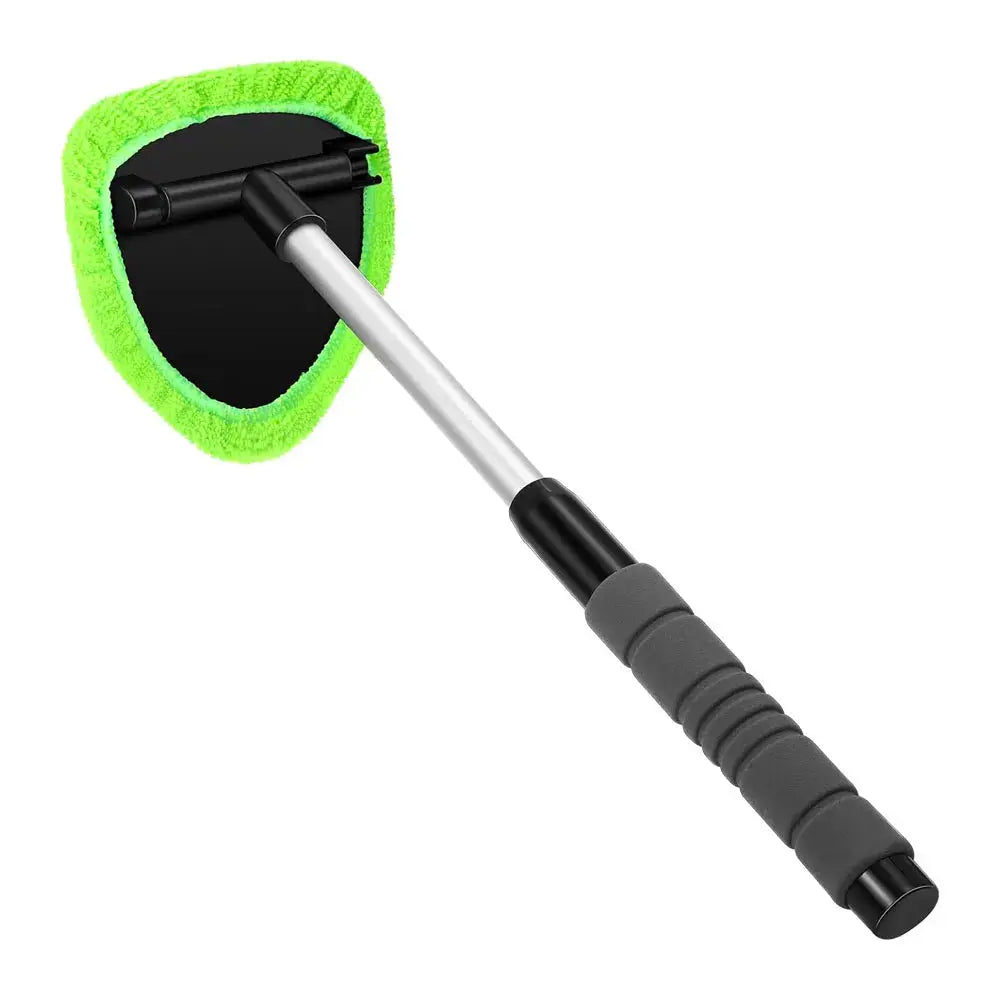 Telescopic car window cleaning brush from Simples Market with bright green microfiber head and adjustable metal handle