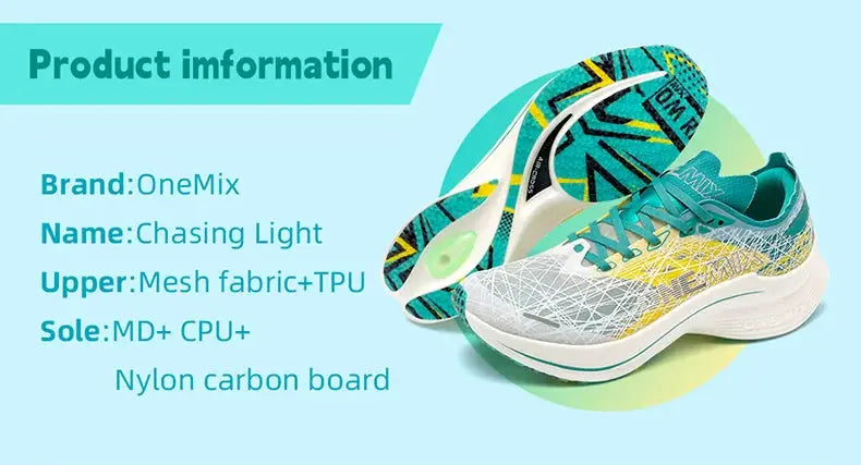 ONEMIX Marathon carbon-plate running shoes pair with teal mesh upper and white sole