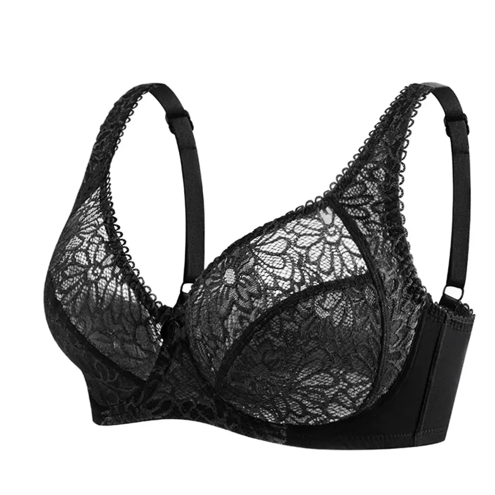 Plus-size black lace bra with underwire and floral cups by Simples Market
