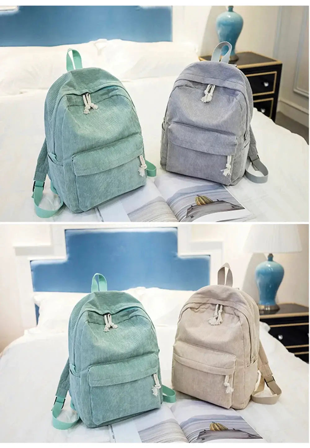 Two corduroy student backpacks in mint green and light gray, unisex campus knapsacks