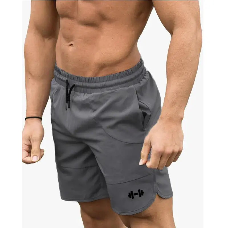 Men's gray gym shorts with elastic drawstring waistband, side pockets, and dumbbell logo.