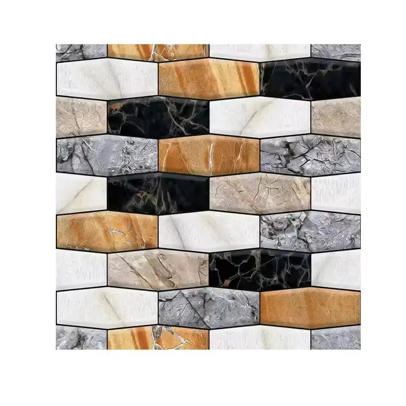 Self-adhesive 3D PVC tile wall stickers; brick-pattern in white, gray, beige and black for kitchen or bathroom decor.