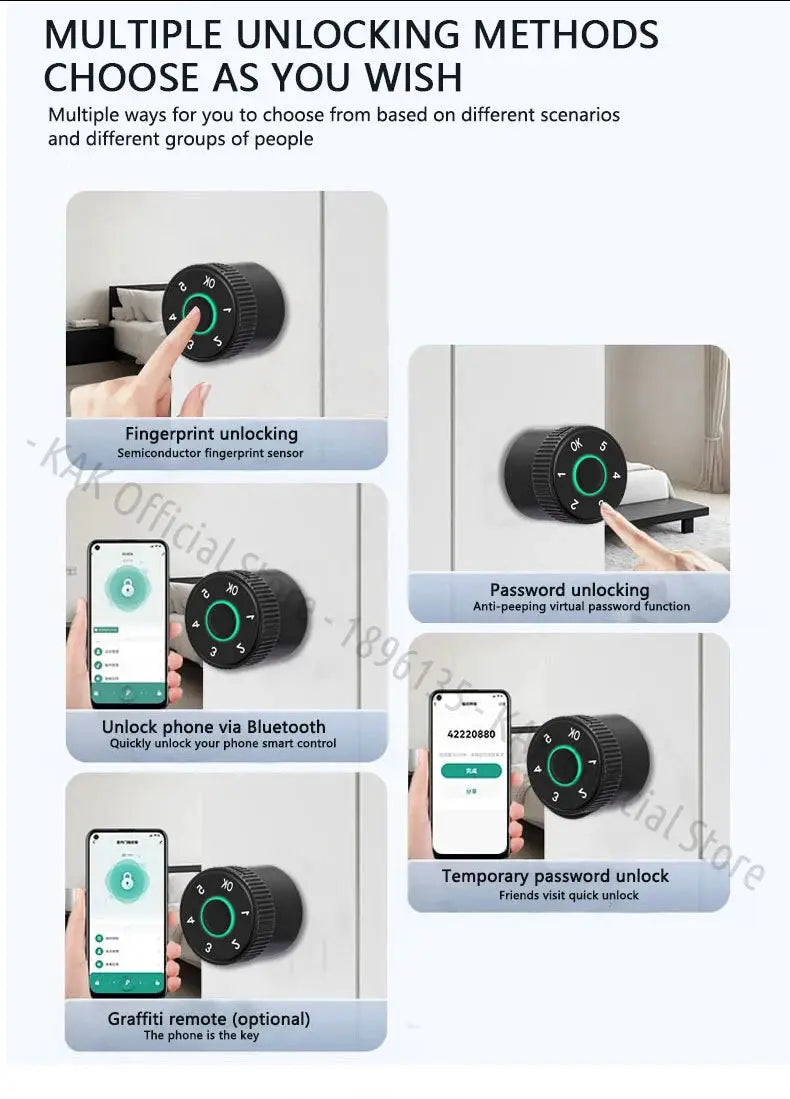 Simples Market KAK Tuya smart door lock cylinder with black body and green ring; fingerprint, password, Bluetooth unlock