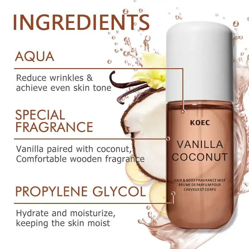 KOEC Vanilla Coconut Fragrance Mist For Hair And Body Hydrating Perfume Spray Refreshing Scent