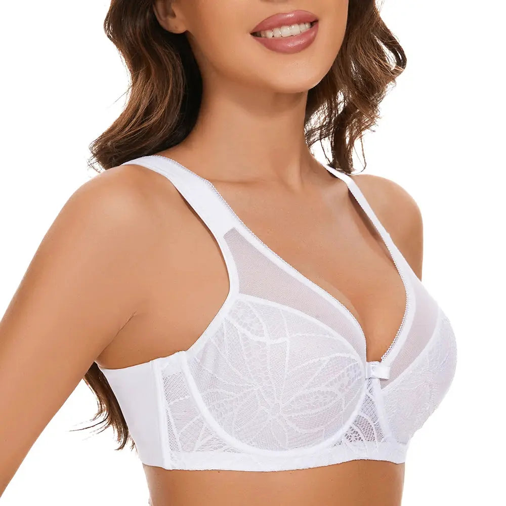 Sheroine Plus Size Underwire Lace Floral Minimizer Bra, white, full-coverage unpadded with mesh panels