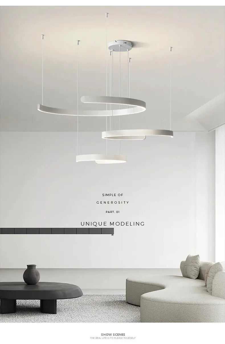 Three-ring circular LED pendant chandelier in white metal for modern living spaces.