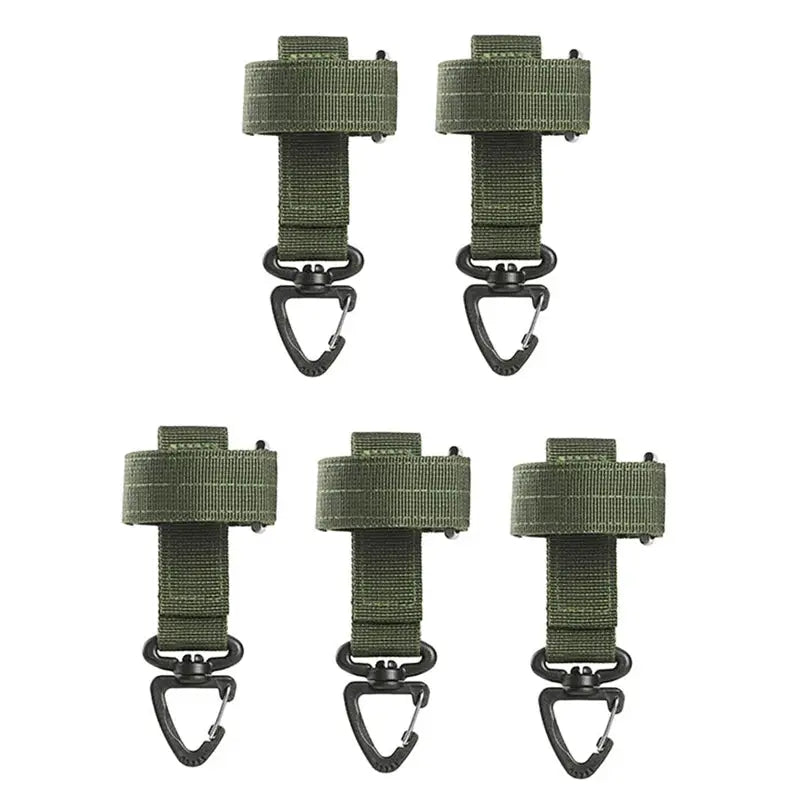 Six green nylon hook clips with carabiners for outdoor use; tactical camping accessory.