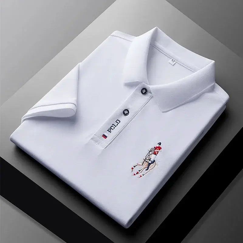 Men's white Simples Market polo shirt with short sleeves featuring embroidered polo pony logo.