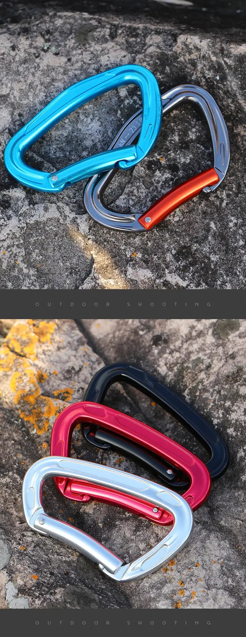 Simples Market CLIWIZ SGM7118 curved D-style aluminum climbing carabiner set in blue, silver, pink, red, and navy