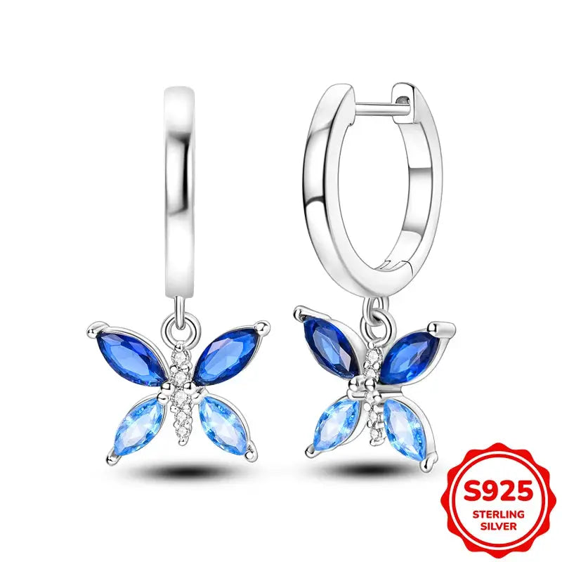 925 Sterling Silver Blue Zircon Butterfly Hoop Earrings for Women Fine Jewelry Gift