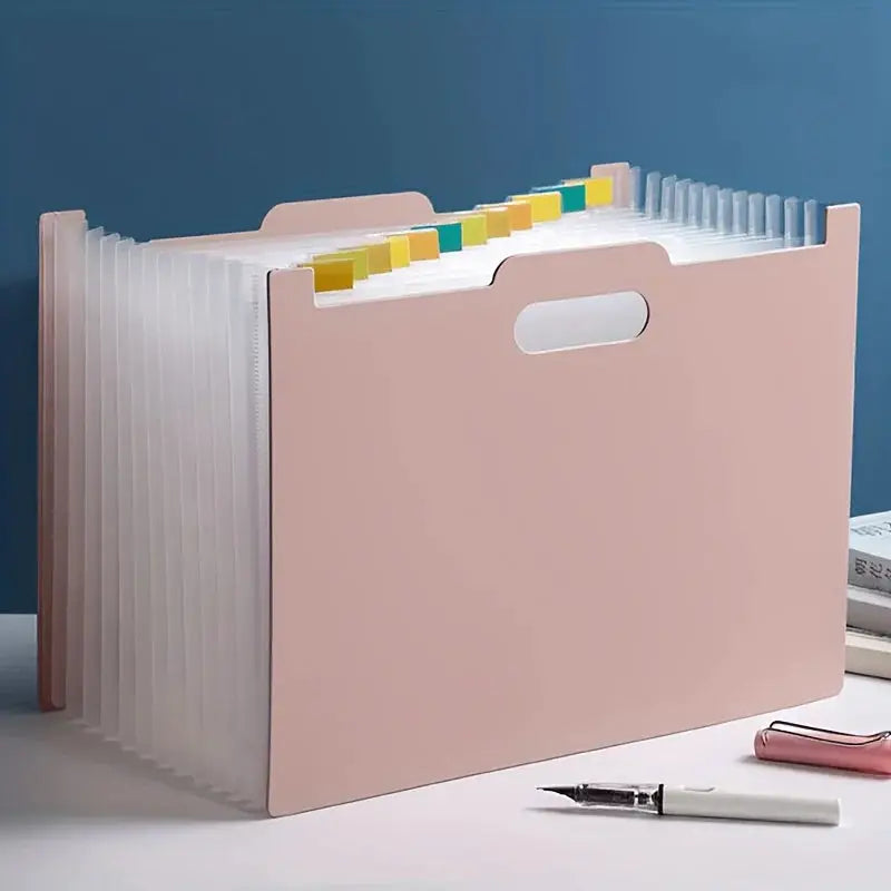 Pink A4 foldable file storage box with multiple tabbed pockets for desktop organization