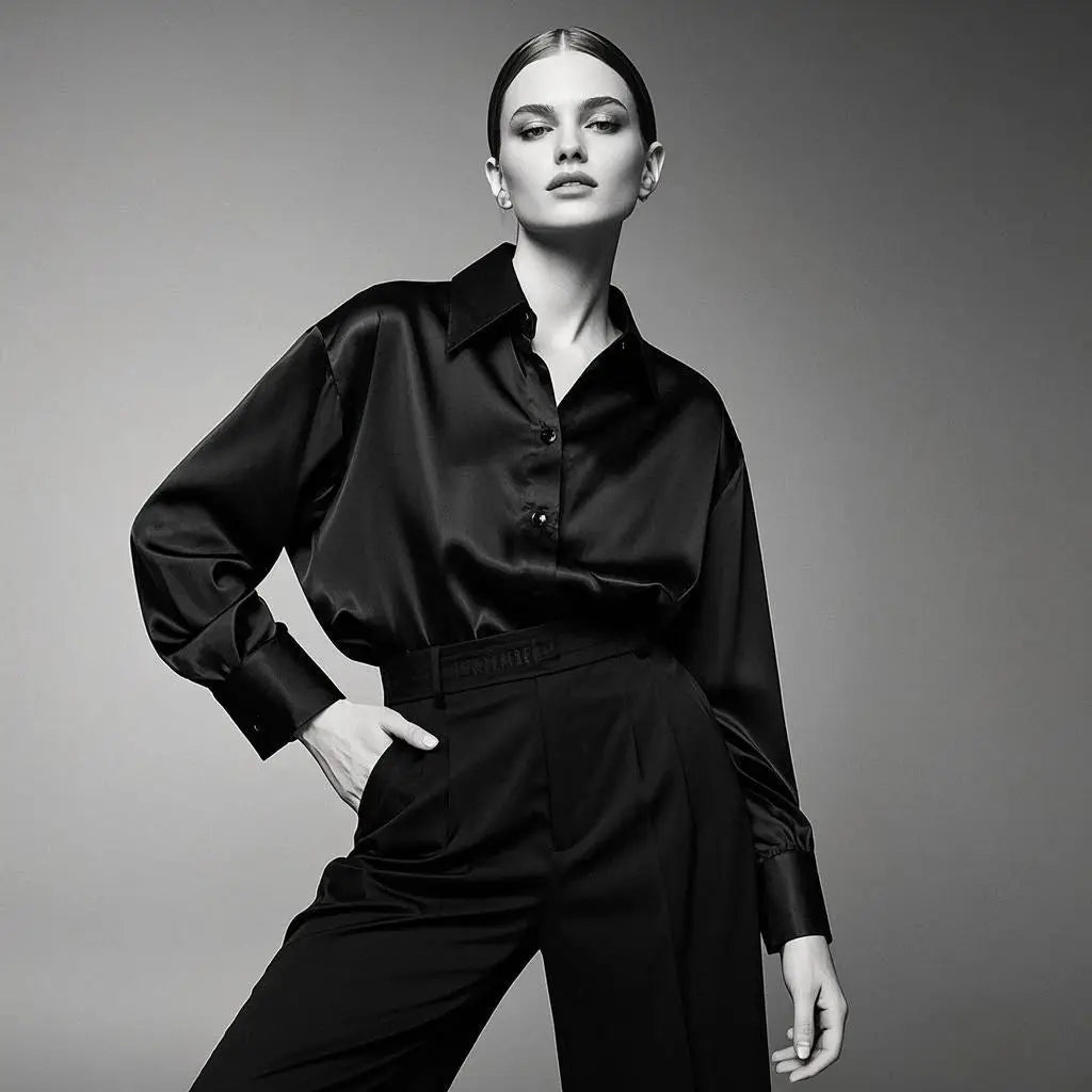 Satin black shirt with classic collar and button-down front, paired with high-waisted trousers