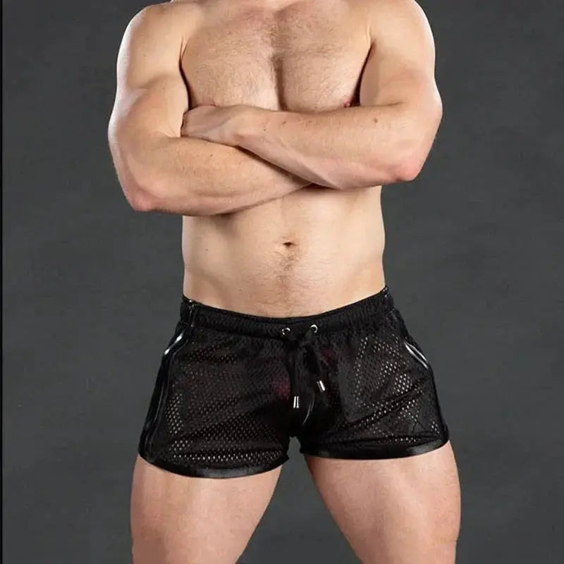 Men's black mesh gym shorts with drawstring, breathable quick-dry workout shorts