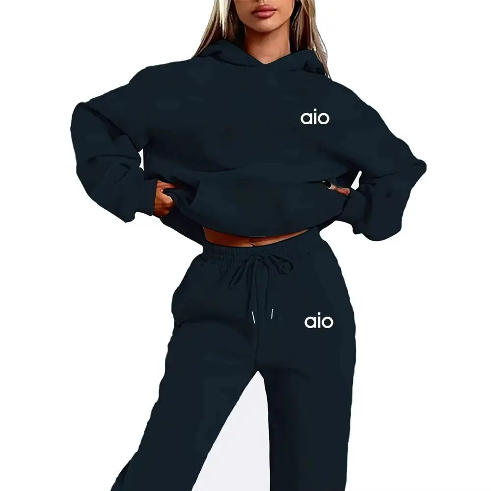 Ai Printing Women Monochrome Hooded Hoodie Set Premium Fleece For Autumn And Winter Daily Wear