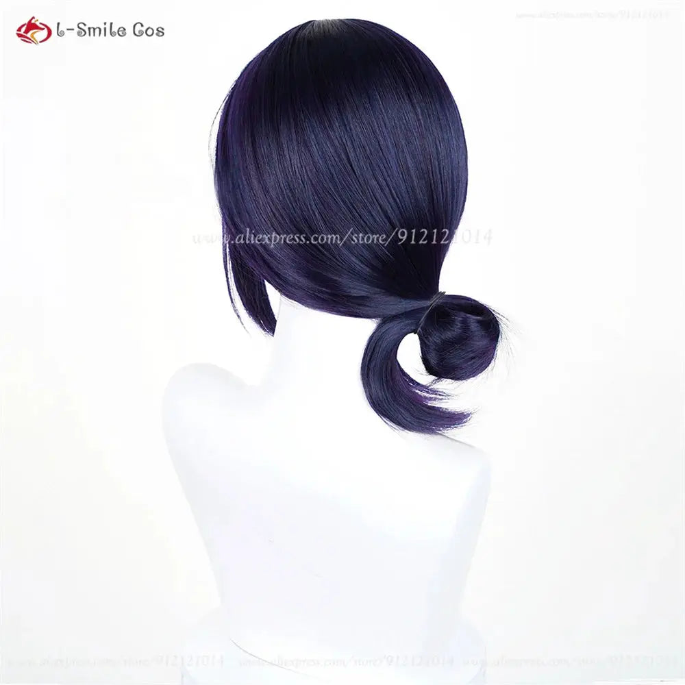 Anime Rezee cosplay wig, 45cm purple heat-resistant synthetic hair with a low bun style, back view on mannequin