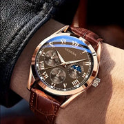 Men's Business And Casual Quartz Watch With Leather Band Roman Numeral Dial Durable Alloy Case